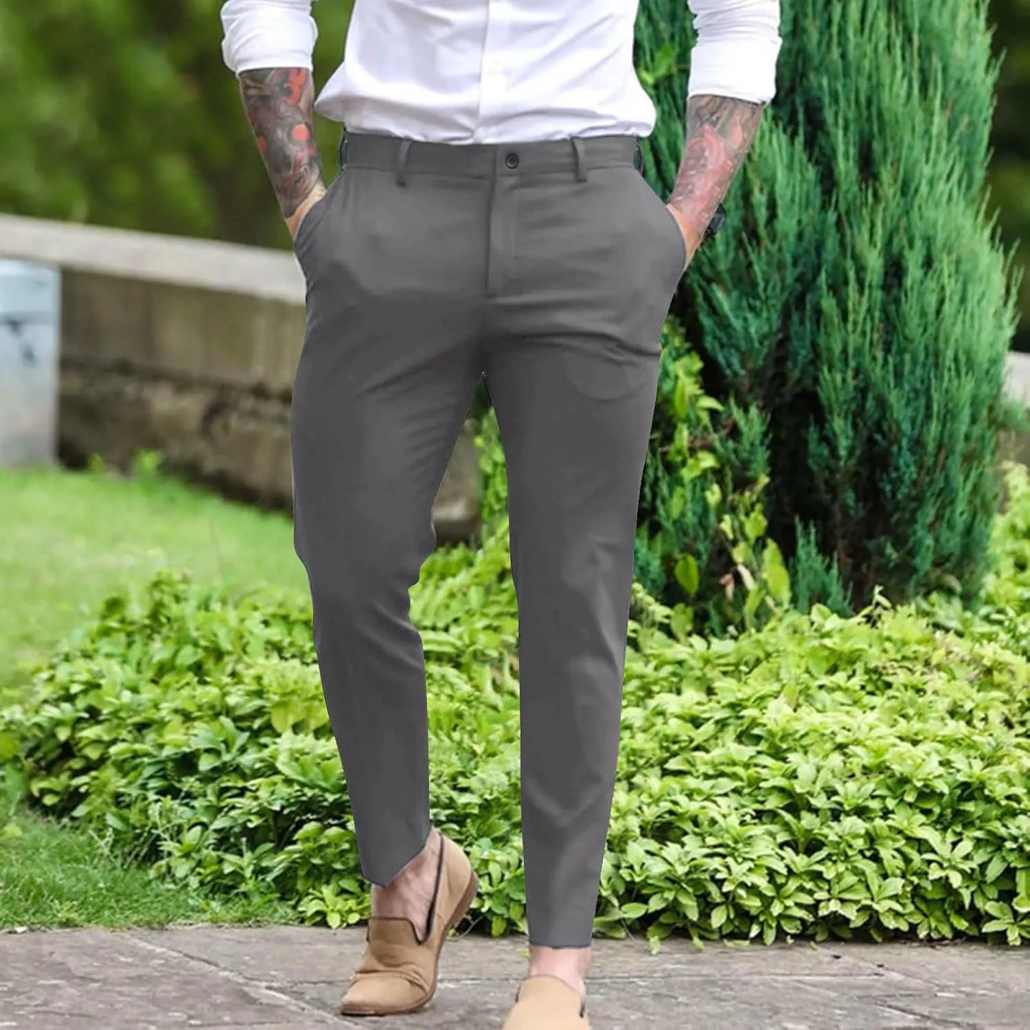Mens Formal Dress Pants Casual Business Work Suit Pants Comfort Stretch Chino Golf Pants Slim Fit Tapered Lounge Trousers