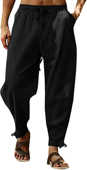 Men's Linen Pants Casual Plain Tapered Pant Summer Outdoor Vacation Beach Plus Size Trousers Lightweight Waist Slacks