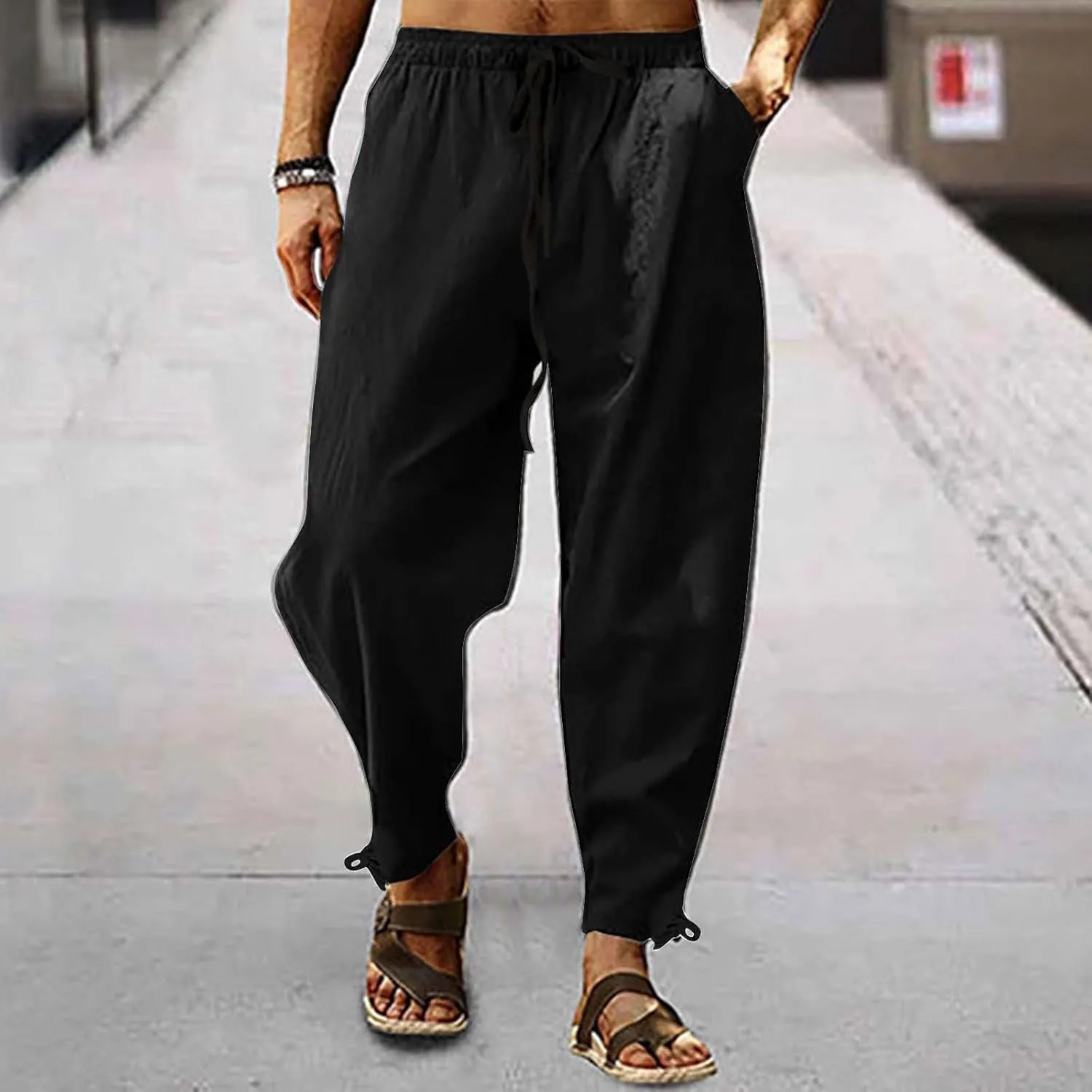 Men's Linen Pants Casual Plain Tapered Pant Summer Outdoor Vacation Beach Plus Size Trousers Lightweight Waist Slacks