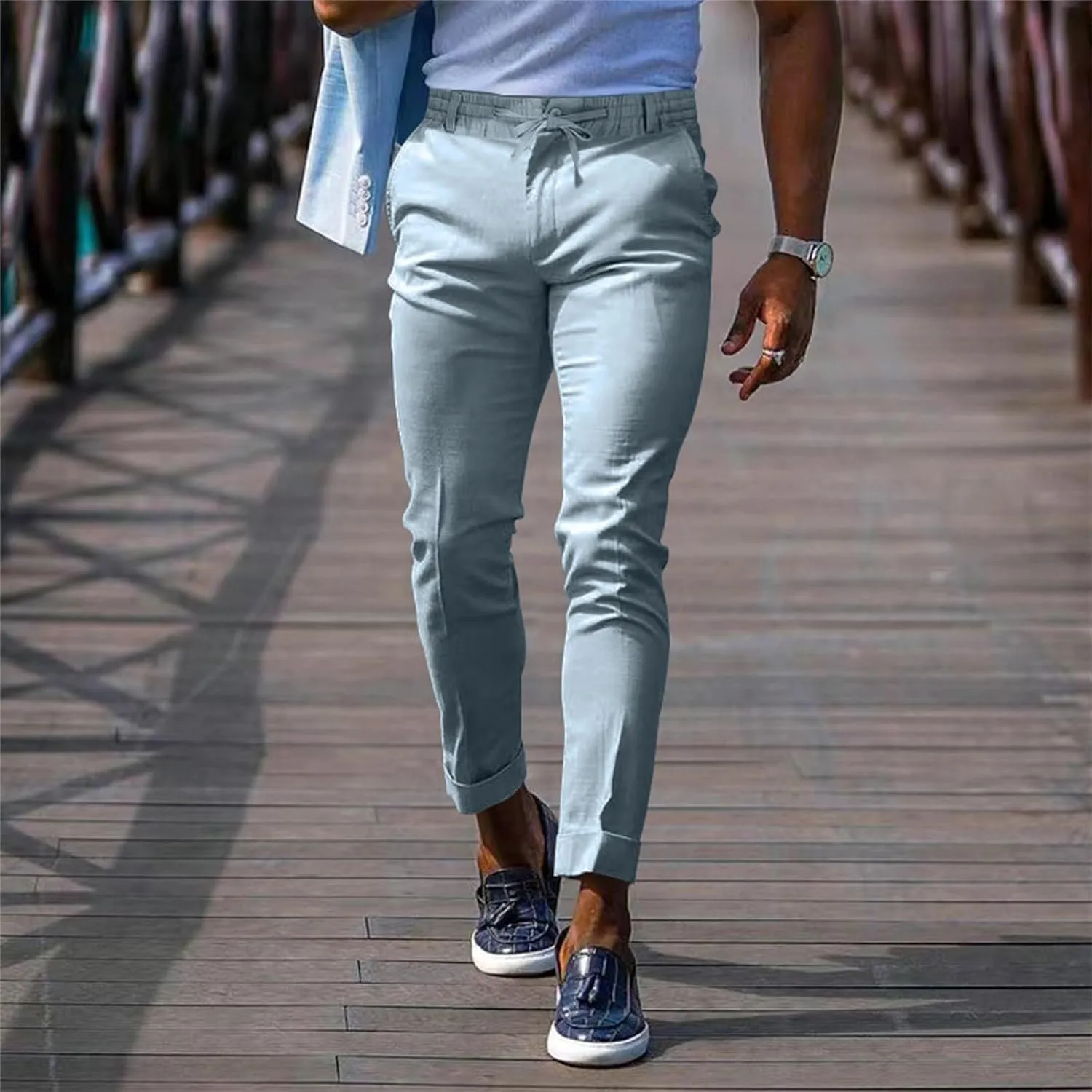 Men's Slim-Fit Flat-Front Stretch Chino Pants Casual Business Skinny Stretch Golf Dress Pants Tapered Leg Pencil Ankle Pants