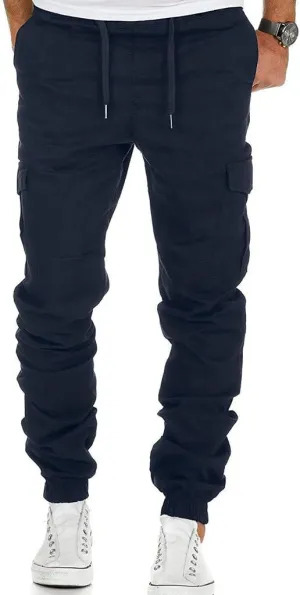 Mens Slim Fit Tapered Pants Flap Pocket Drawstring Elastic Waist Ripstop Cargo Joggers Stretch Chino Casul Work Trousers Navy