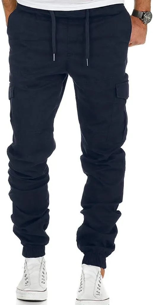 Mens Slim Fit Tapered Pants Flap Pocket Drawstring Elastic Waist Ripstop Cargo Joggers Stretch Chino Casul Work Trousers Navy