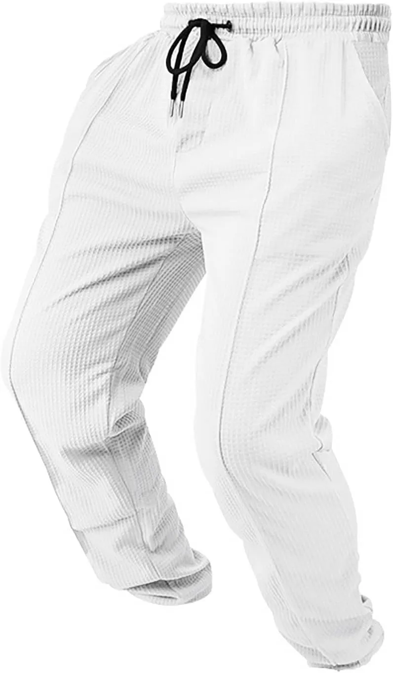 Men's Waffle Pants Textured Dress Slacks Summer Straight Leg Flat Front Sweatpants Drawstring Waist Loose Fit Trouser
