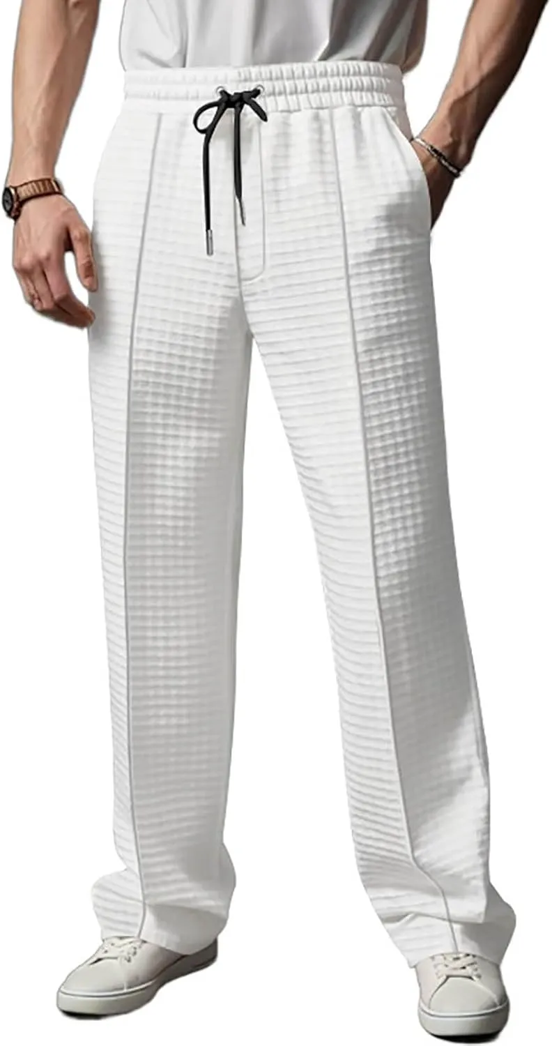 Men's Waffle Pants Textured Dress Slacks Summer Straight Leg Flat Front Sweatpants Drawstring Waist Loose Fit Trouser