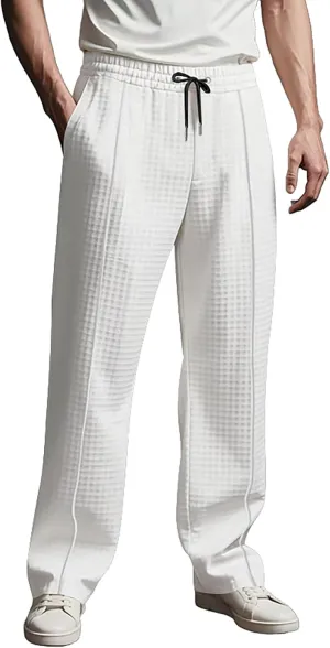 Men's Waffle Pants Textured Dress Slacks Summer Straight Leg Flat Front Sweatpants Drawstring Waist Loose Fit Trouser