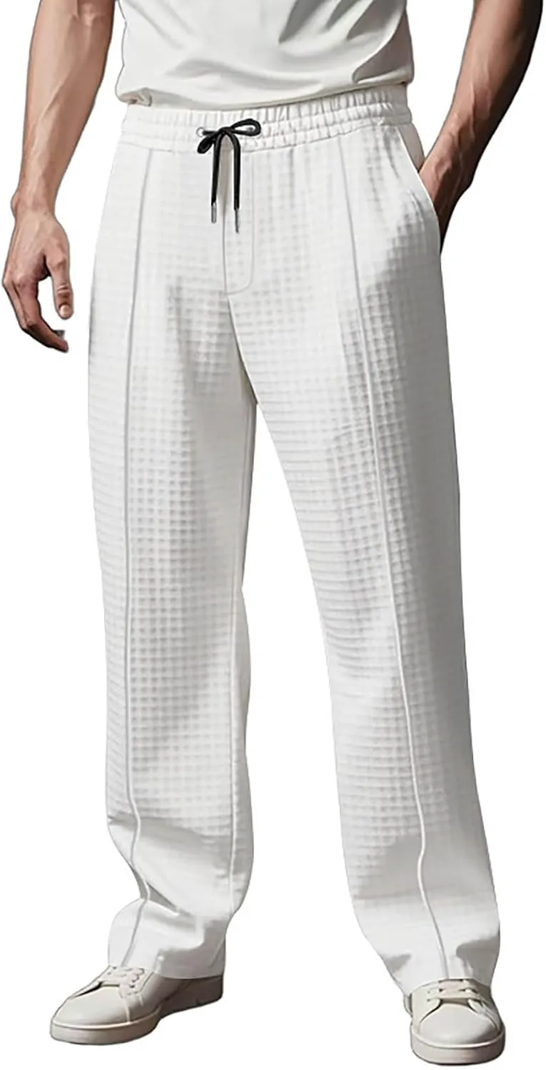 Men's Waffle Pants Textured Dress Slacks Summer Straight Leg Flat Front Sweatpants Drawstring Waist Loose Fit Trouser