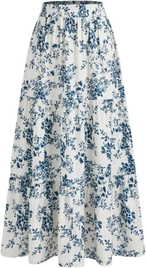 Milumia Women's Boho Floral Tiered Maxi Skirt Elastic High Waist Ruffle A Line Skirts
