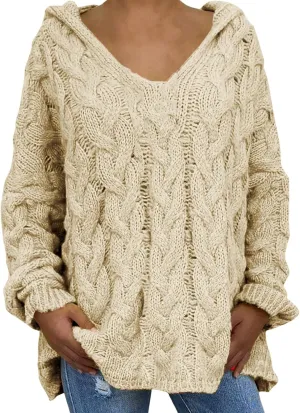 Miyaomn Women's Trendy Chunky Cable Knit V Neck Sweaters Hoodies Slim Fit Casual Solid Long Sleeve Hooded Pullover Jumper Top