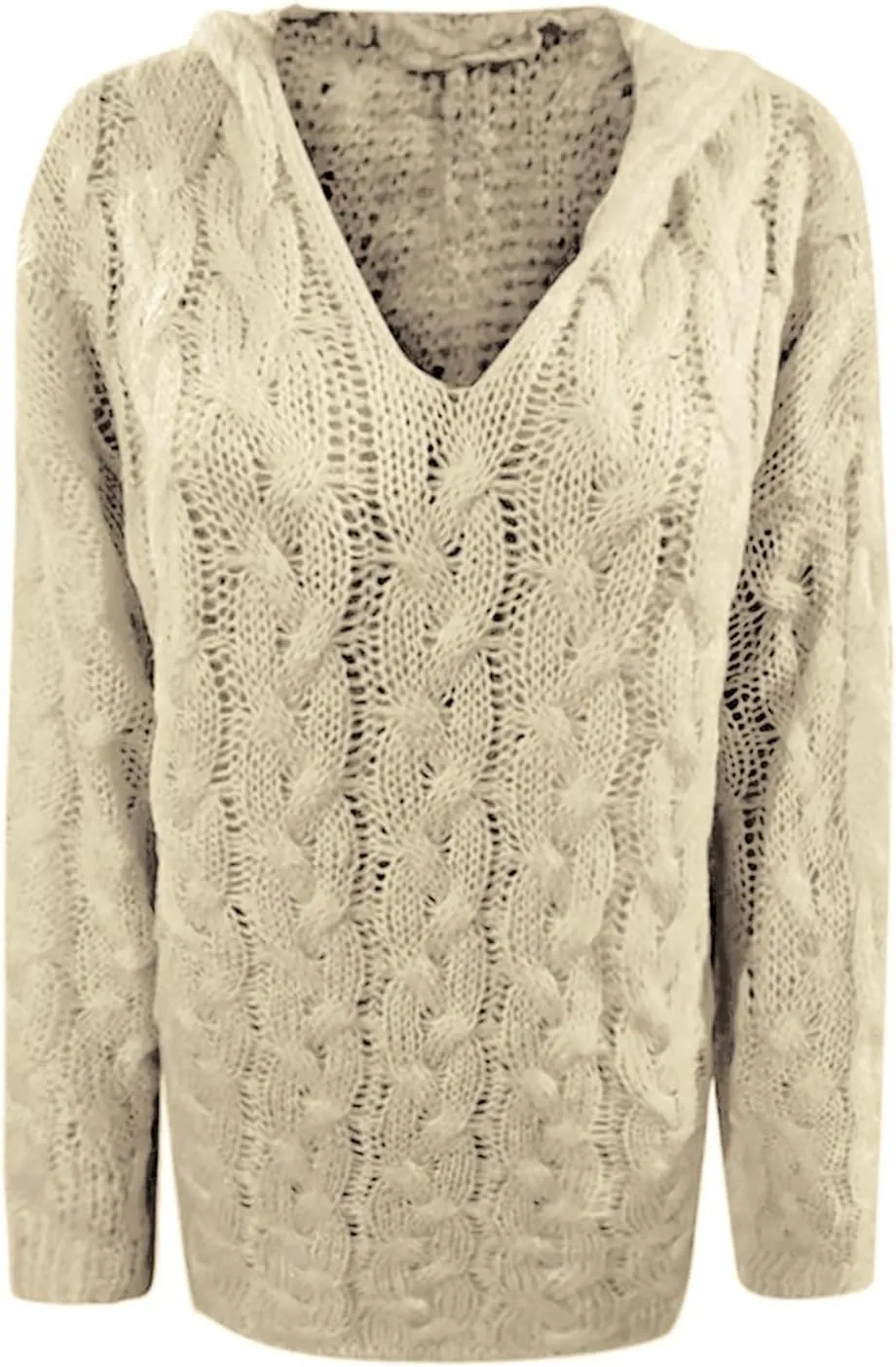 Miyaomn Women's Trendy Chunky Cable Knit V Neck Sweaters Hoodies Slim Fit Casual Solid Long Sleeve Hooded Pullover Jumper Top