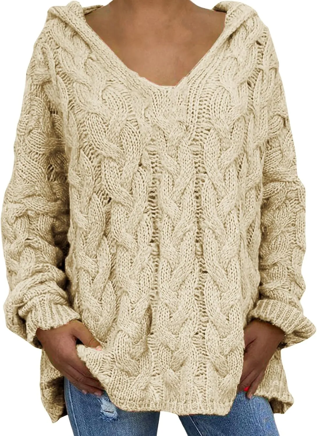 Miyaomn Women's Trendy Chunky Cable Knit V Neck Sweaters Hoodies Slim Fit Casual Solid Long Sleeve Hooded Pullover Jumper Top