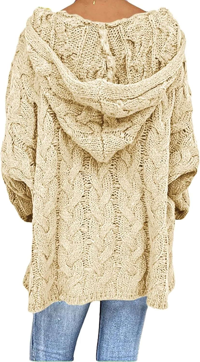 Miyaomn Women's Trendy Chunky Cable Knit V Neck Sweaters Hoodies Slim Fit Casual Solid Long Sleeve Hooded Pullover Jumper Top