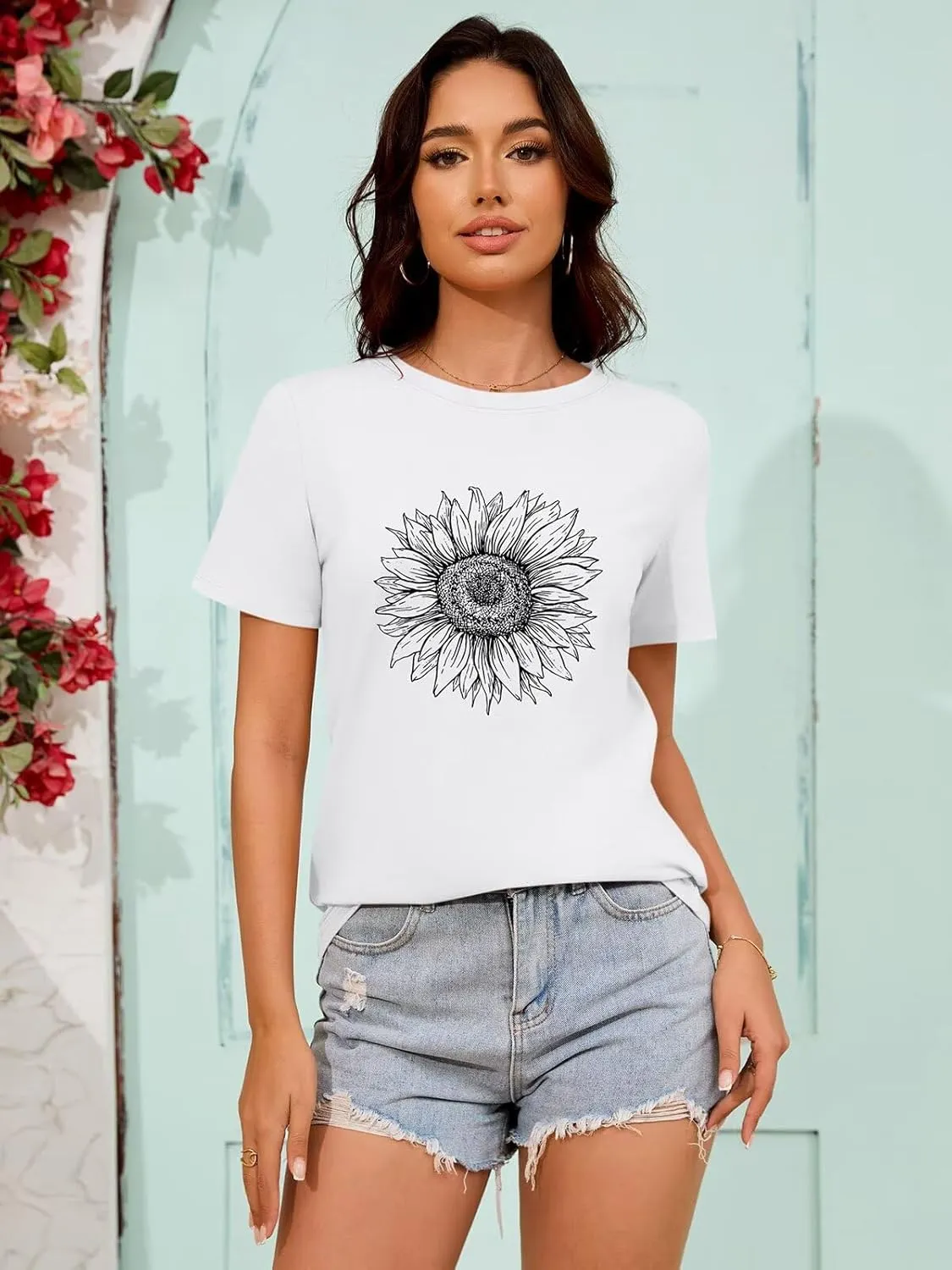 ORANDESIGNE Womens Flower Print T Shirt Graphic Short Sleeve Tees Crewneck Casual Shirts Summer Loose Fit Tops