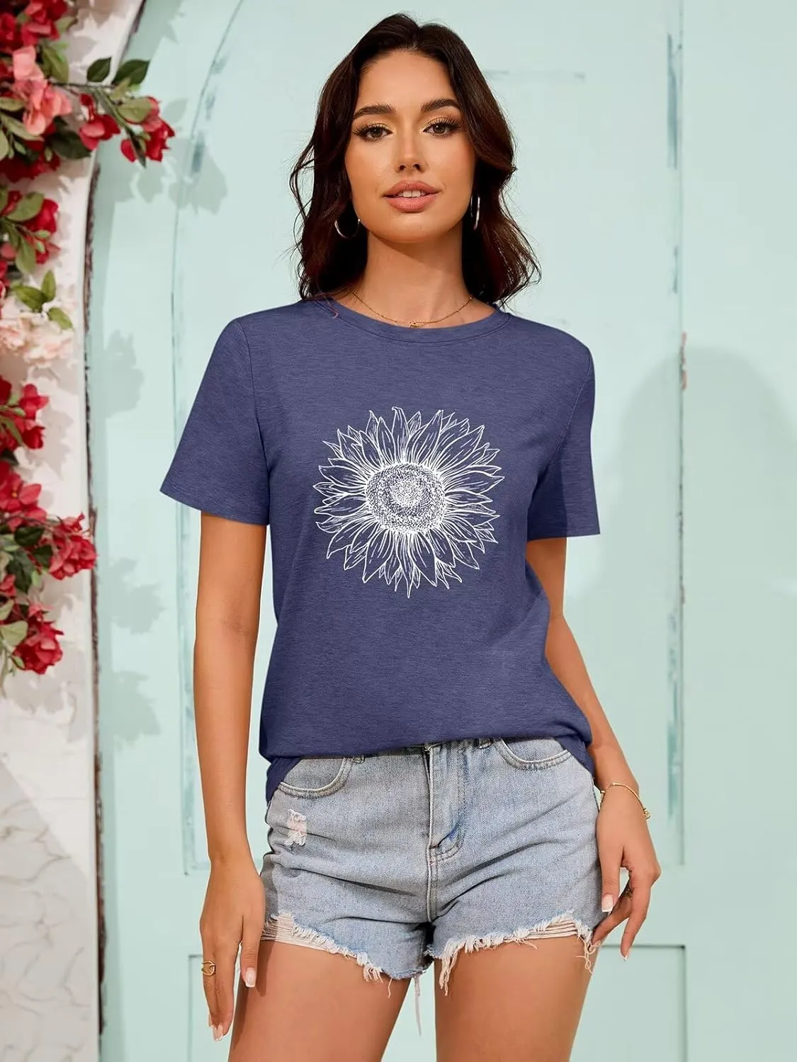 ORANDESIGNE Womens Flower Print T Shirt Graphic Short Sleeve Tees Crewneck Casual Shirts Summer Loose Fit Tops