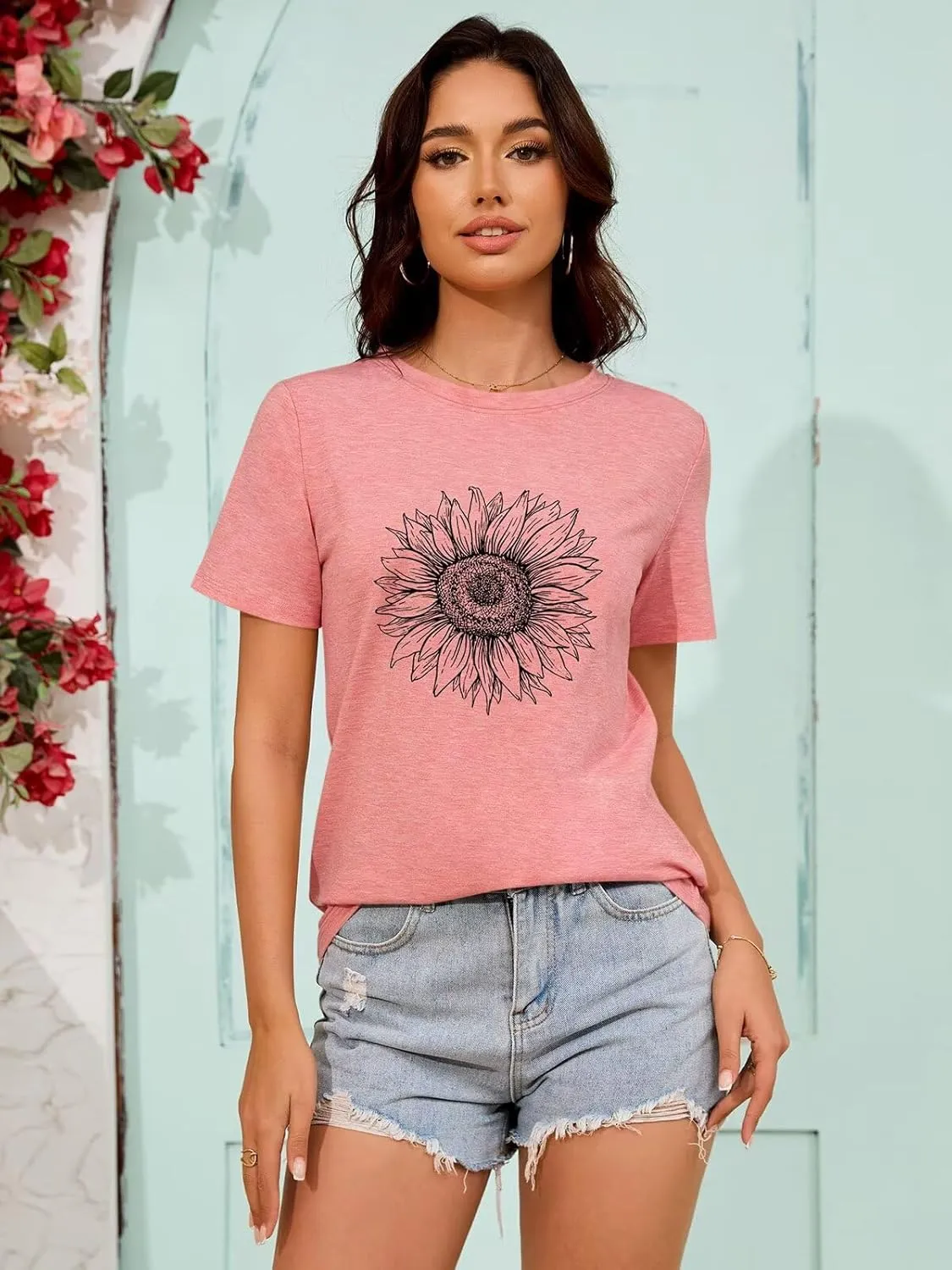 ORANDESIGNE Womens Flower Print T Shirt Graphic Short Sleeve Tees Crewneck Casual Shirts Summer Loose Fit Tops
