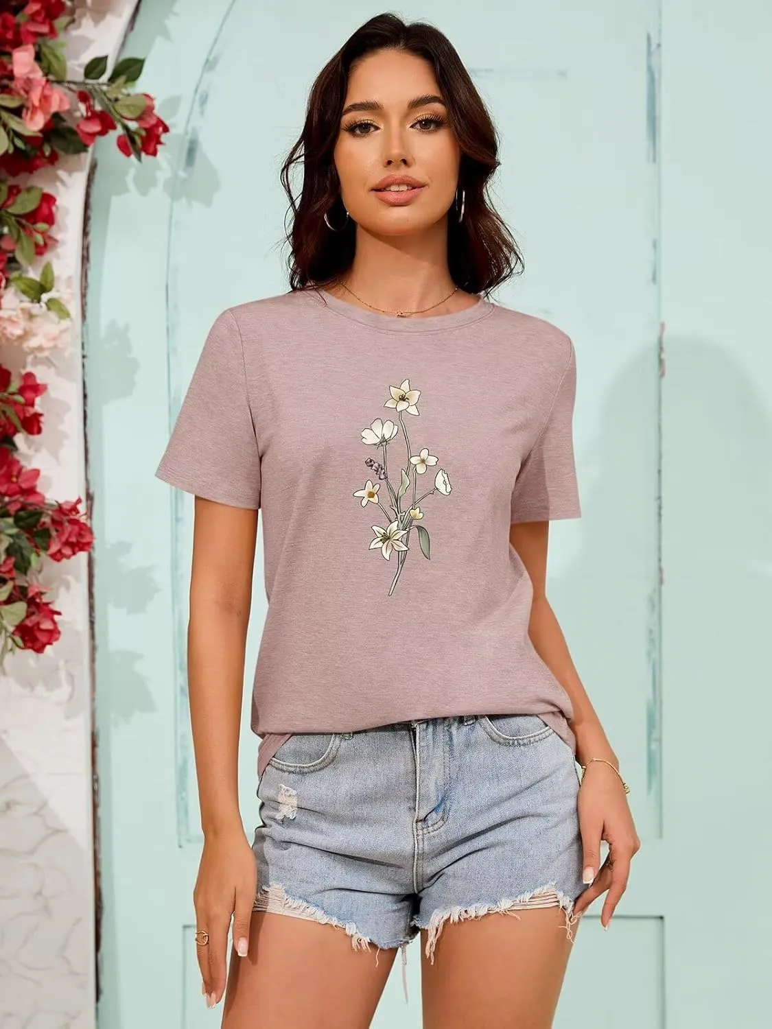 ORANDESIGNE Womens Flower Print T Shirt Graphic Short Sleeve Tees Crewneck Casual Shirts Summer Loose Fit Tops