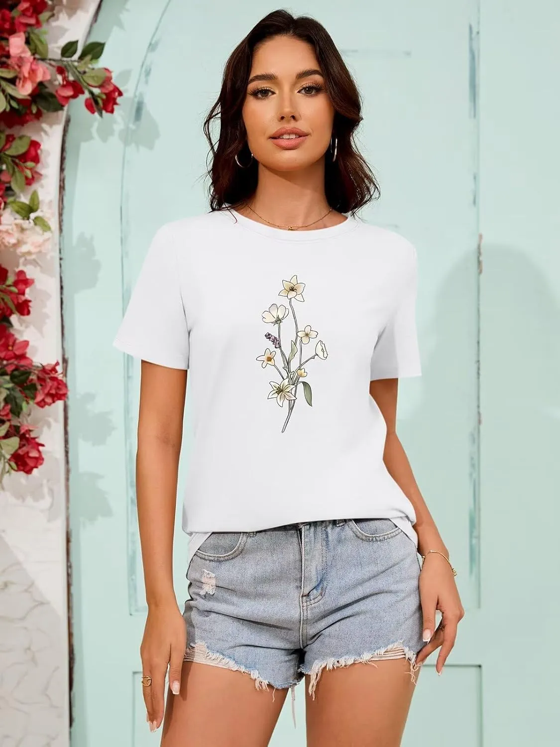 ORANDESIGNE Womens Flower Print T Shirt Graphic Short Sleeve Tees Crewneck Casual Shirts Summer Loose Fit Tops