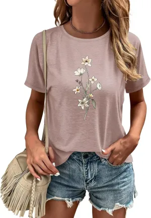ORANDESIGNE Womens Flower Print T Shirt Graphic Short Sleeve Tees Crewneck Casual Shirts Summer Loose Fit Tops