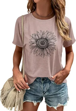 ORANDESIGNE Womens Flower Print T Shirt Graphic Short Sleeve Tees Crewneck Casual Shirts Summer Loose Fit Tops
