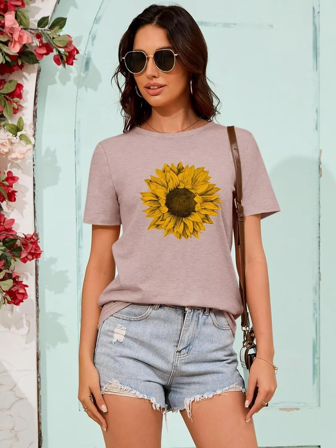 ORANDESIGNE Womens Flower Print T Shirt Graphic Short Sleeve Tees Crewneck Casual Shirts Summer Loose Fit Tops