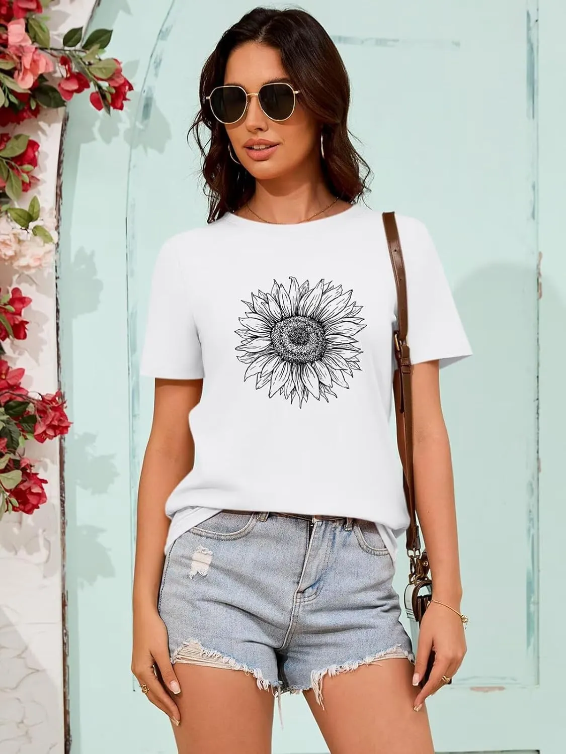 ORANDESIGNE Womens Flower Print T Shirt Graphic Short Sleeve Tees Crewneck Casual Shirts Summer Loose Fit Tops