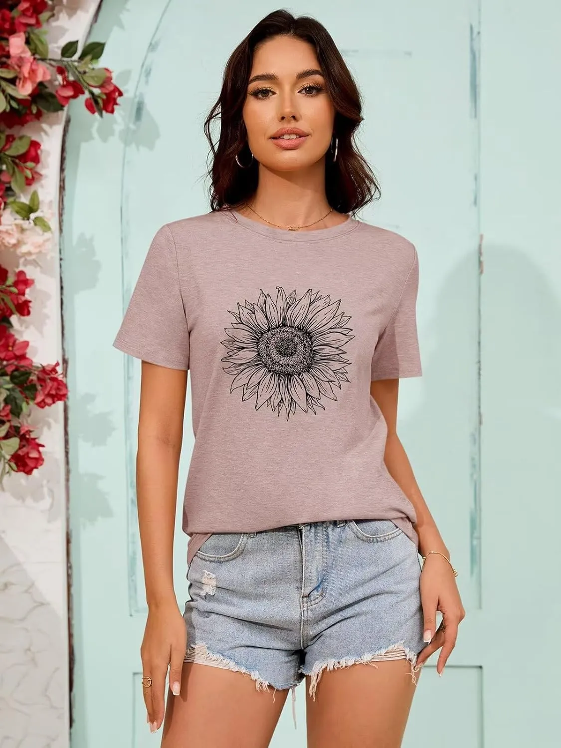 ORANDESIGNE Womens Flower Print T Shirt Graphic Short Sleeve Tees Crewneck Casual Shirts Summer Loose Fit Tops