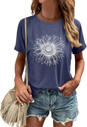 ORANDESIGNE Womens Flower Print T Shirt Graphic Short Sleeve Tees Crewneck Casual Shirts Summer Loose Fit Tops