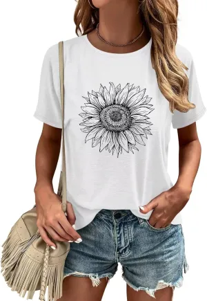 ORANDESIGNE Womens Flower Print T Shirt Graphic Short Sleeve Tees Crewneck Casual Shirts Summer Loose Fit Tops