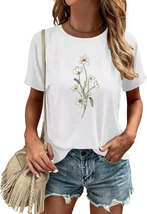ORANDESIGNE Womens Flower Print T Shirt Graphic Short Sleeve Tees Crewneck Casual Shirts Summer Loose Fit Tops
