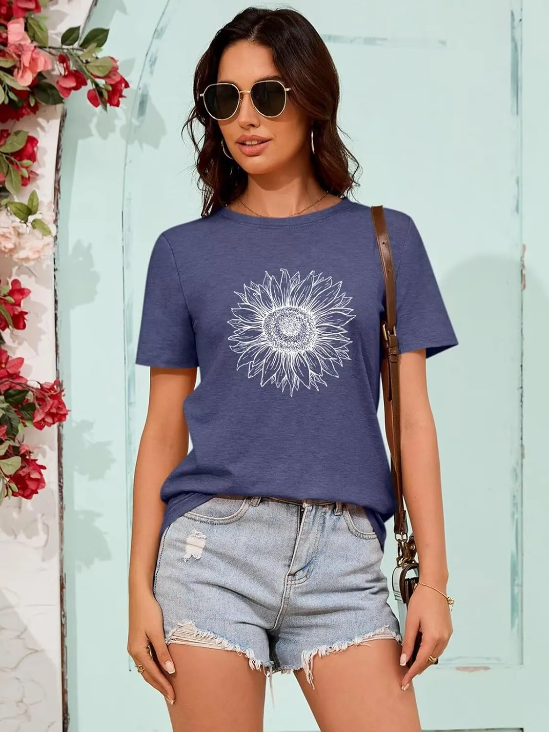 ORANDESIGNE Womens Flower Print T Shirt Graphic Short Sleeve Tees Crewneck Casual Shirts Summer Loose Fit Tops