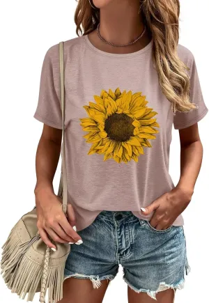 ORANDESIGNE Womens Flower Print T Shirt Graphic Short Sleeve Tees Crewneck Casual Shirts Summer Loose Fit Tops