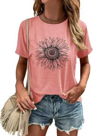 ORANDESIGNE Womens Flower Print T Shirt Graphic Short Sleeve Tees Crewneck Casual Shirts Summer Loose Fit Tops