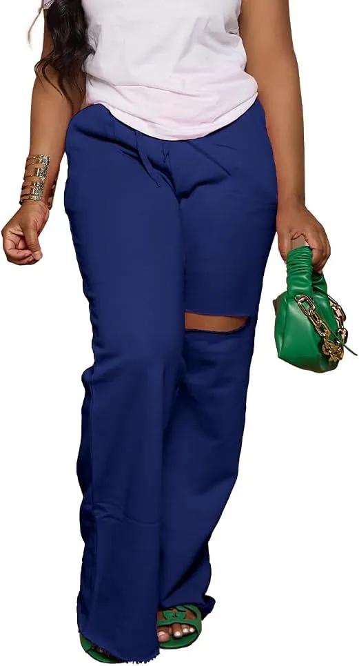 PINSV Wide Leg Pants for Women Drawstring Baggy Casual Sweatpants