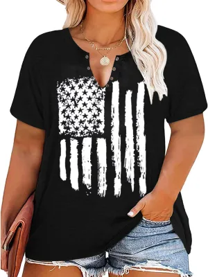 Plus Size USA Flag V-Neck T-Shirt Women Distressed American Flag Graphic Tees Short Sleeve 4th of July Patriotic Tops