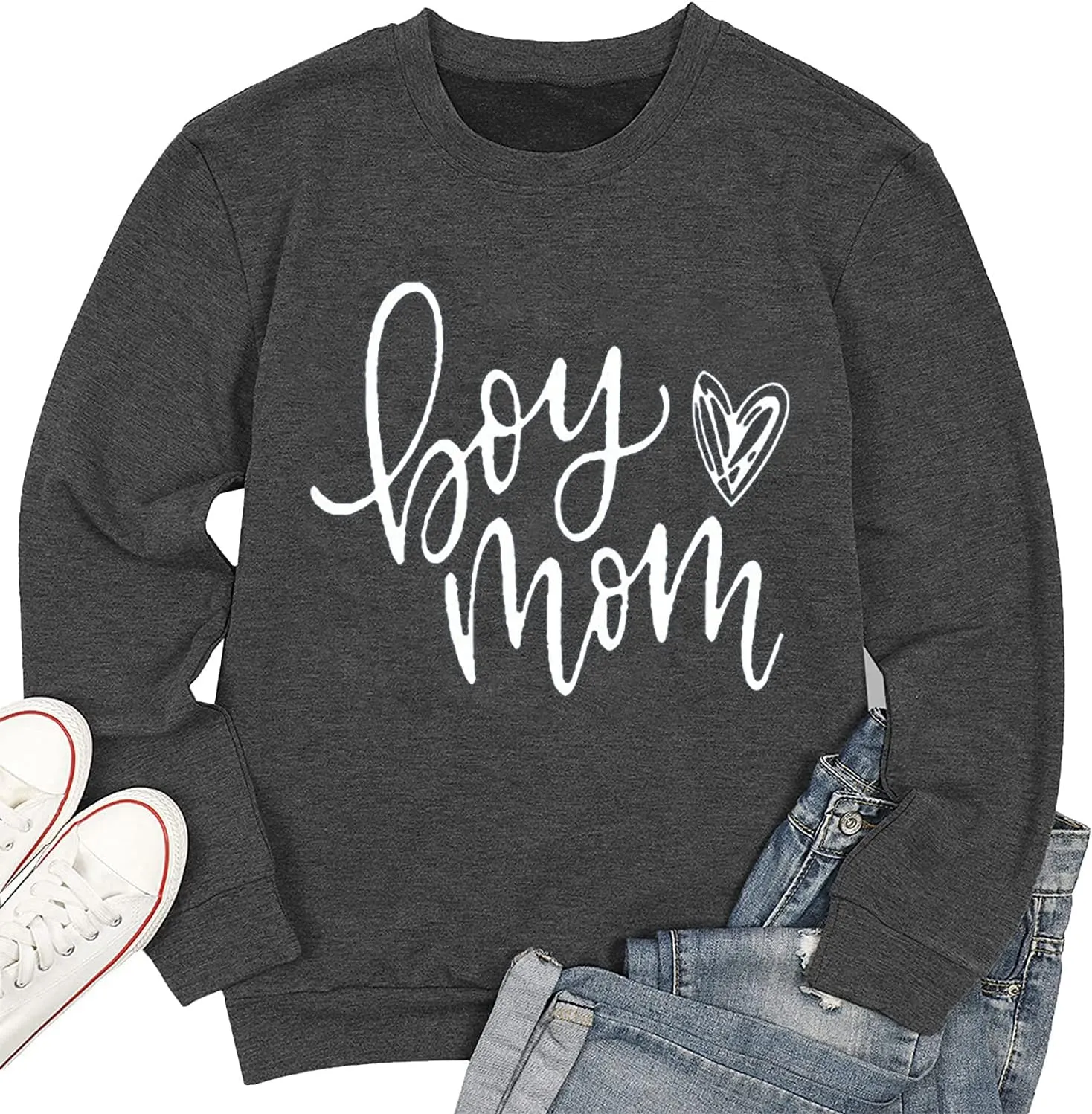 QIANRUO Womens Boy Mom Sweatshirt Lightweight Long Sleeve Crewneck Pullover Sweatshirt Cute Heart Graphic Mama Tees Tops