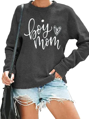 QIANRUO Womens Boy Mom Sweatshirt Lightweight Long Sleeve Crewneck Pullover Sweatshirt Cute Heart Graphic Mama Tees Tops