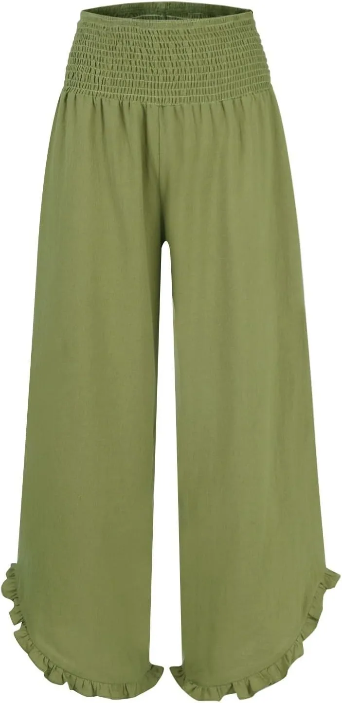 Summer Pants for Women 2025 Vacation Elastic High Waisted Tummy Control Beach Linen Pants Breathable Travel Trouser w/Pockets