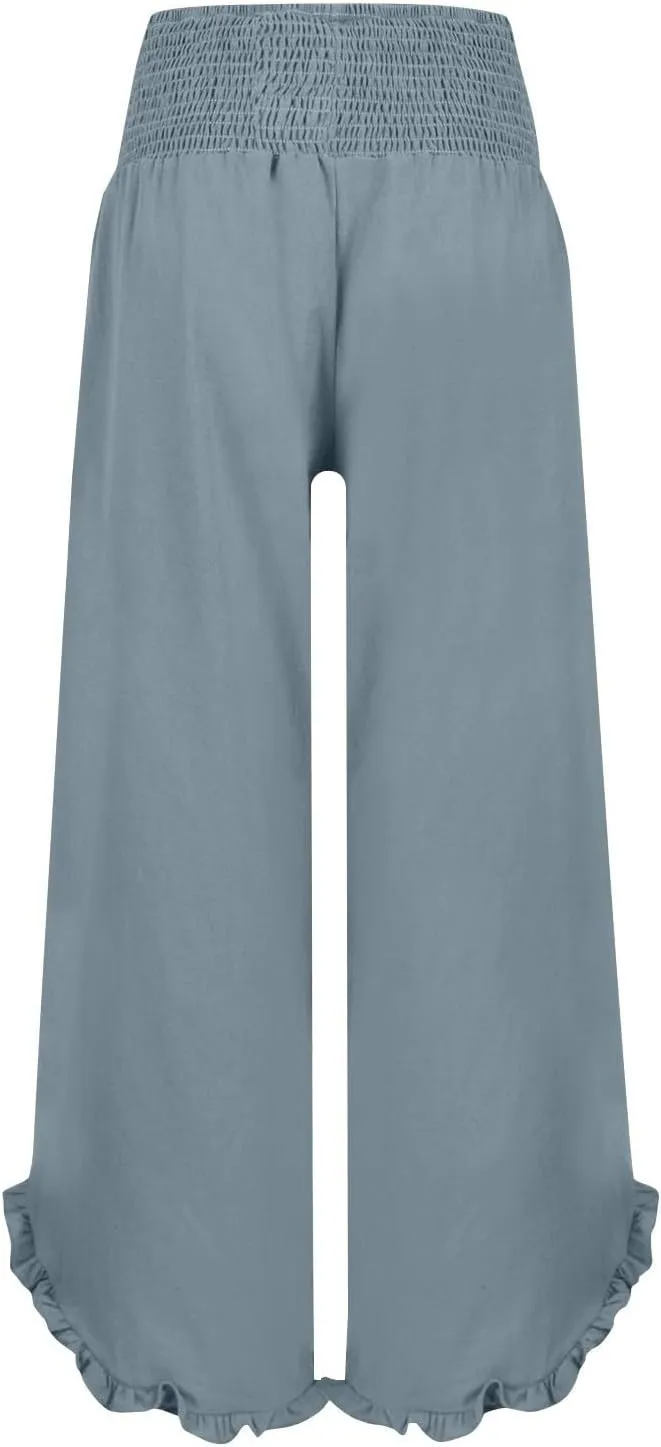 Summer Pants for Women 2025 Vacation Elastic High Waisted Tummy Control Beach Linen Pants Breathable Travel Trouser w/Pockets