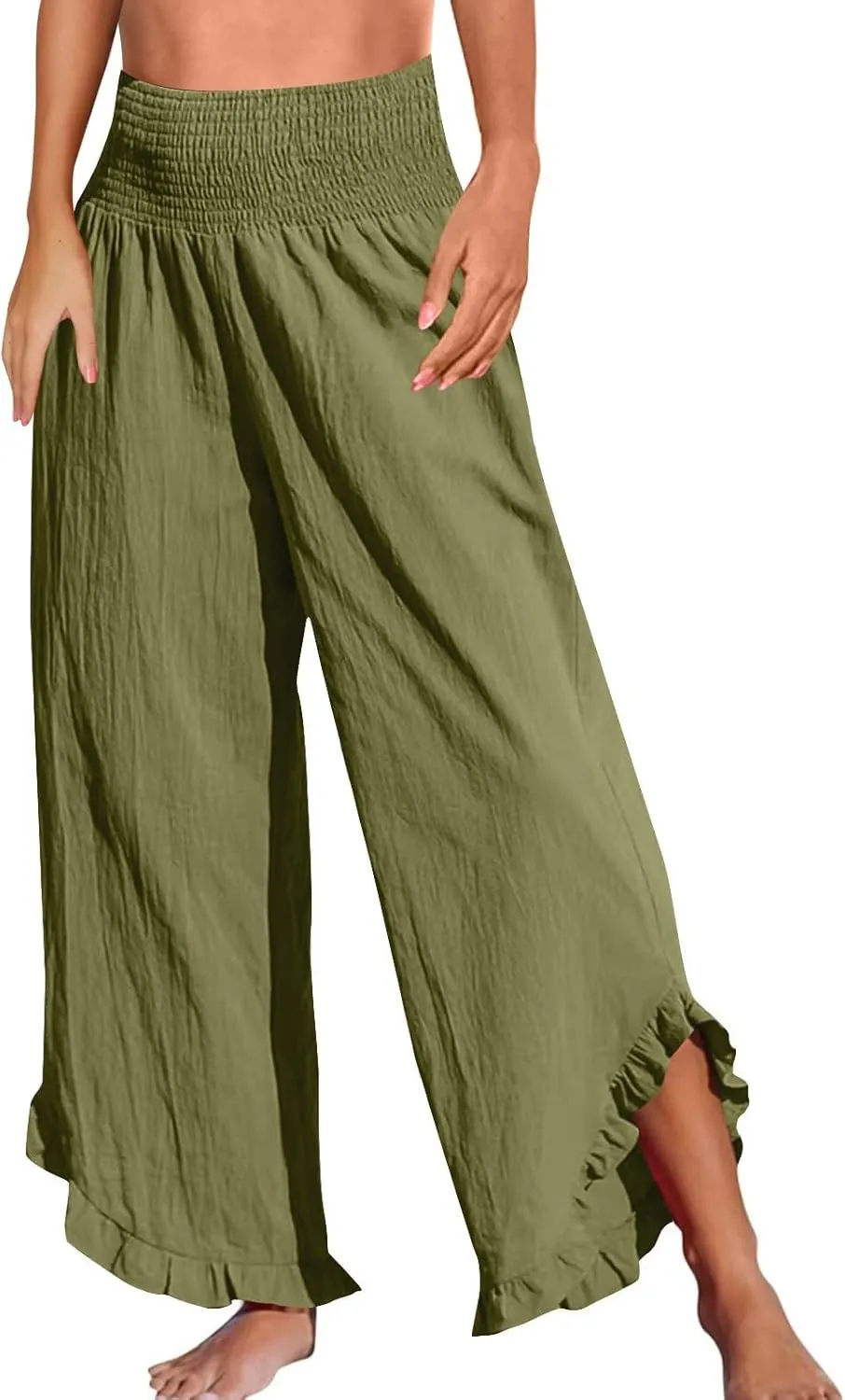 Summer Pants for Women 2025 Vacation Elastic High Waisted Tummy Control Beach Linen Pants Breathable Travel Trouser w/Pockets