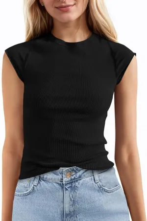 Tankaneo Womens Cap Sleeve Tops Crew Neck Ribbed Knit T Shirt Summer Casual Slim Fit Basic Tees Tshirt