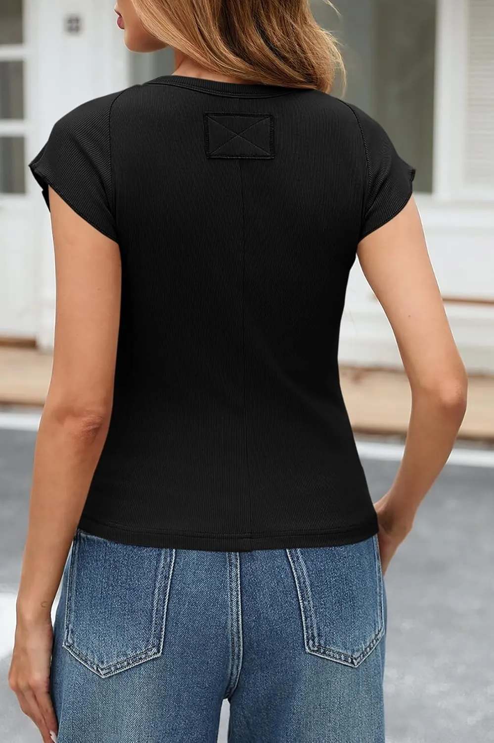 Tankaneo Womens Cap Sleeve Tops Crew Neck Ribbed Knit T Shirt Summer Casual Slim Fit Basic Tees Tshirt