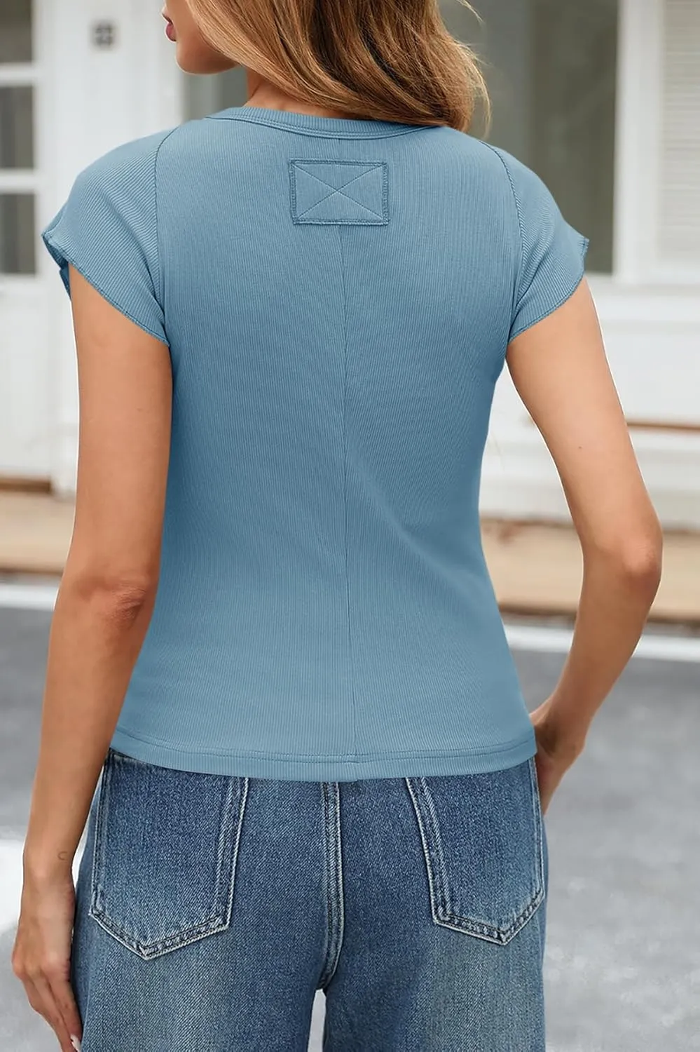 Tankaneo Womens Cap Sleeve Tops Crew Neck Ribbed Knit T Shirt Summer Casual Slim Fit Basic Tees Tshirt