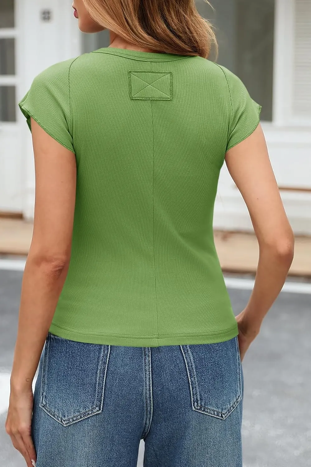 Tankaneo Womens Cap Sleeve Tops Crew Neck Ribbed Knit T Shirt Summer Casual Slim Fit Basic Tees Tshirt