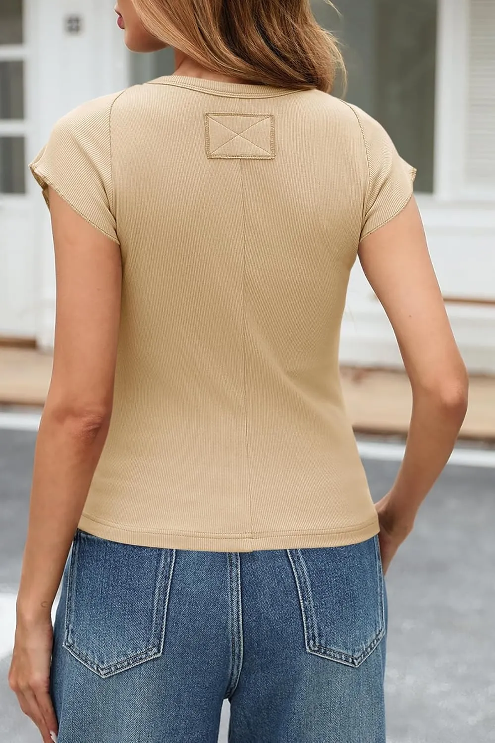Tankaneo Womens Cap Sleeve Tops Crew Neck Ribbed Knit T Shirt Summer Casual Slim Fit Basic Tees Tshirt
