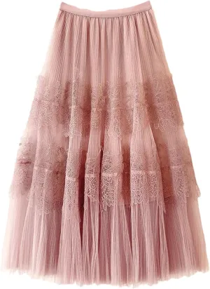 Vintage Embroidery Tulle Skirt Women Flower Elastic High Waist Pleated Midi A-Line Skirt