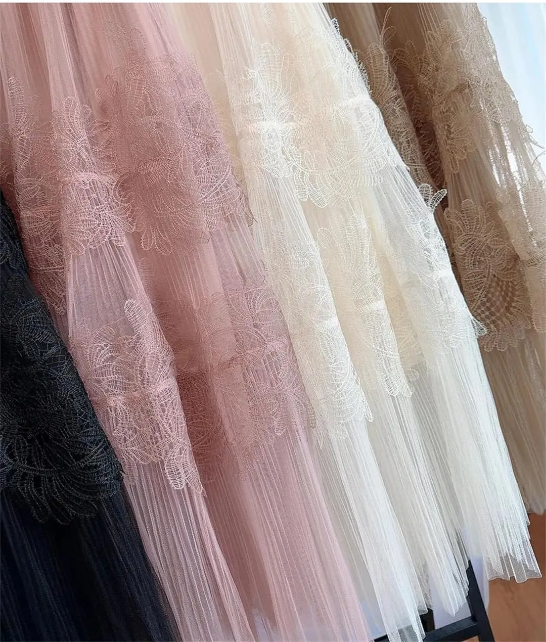 Vintage Embroidery Tulle Skirt Women Flower Elastic High Waist Pleated Midi A-Line Skirt