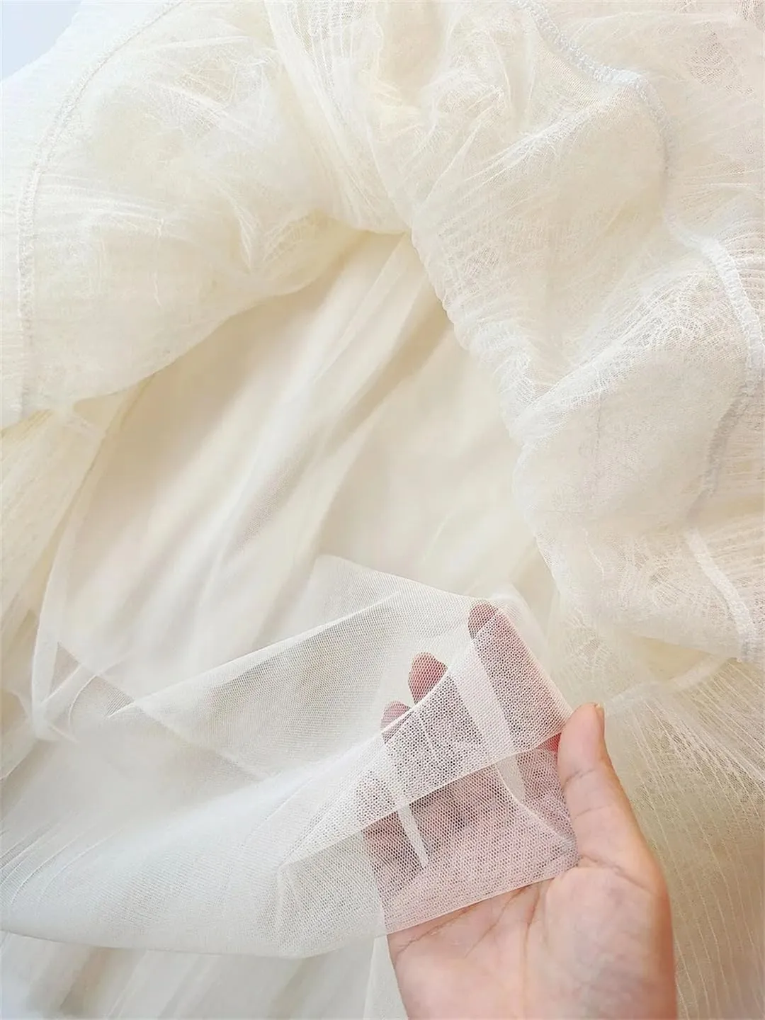 Vintage Embroidery Tulle Skirt Women Flower Elastic High Waist Pleated Midi A-Line Skirt