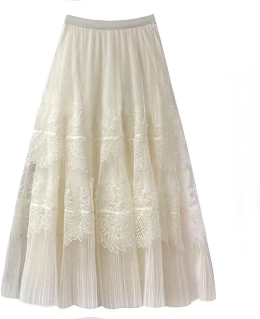 Vintage Embroidery Tulle Skirt Women Flower Elastic High Waist Pleated Midi A-Line Skirt