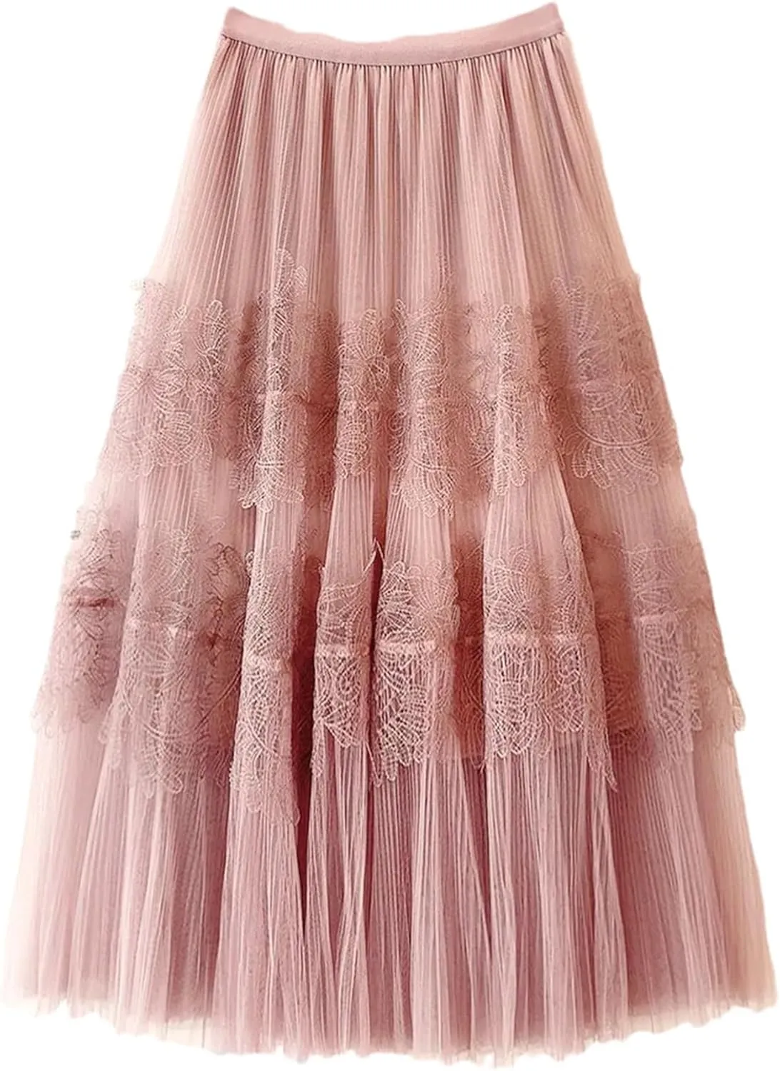 Vintage Embroidery Tulle Skirt Women Flower Elastic High Waist Pleated Midi A-Line Skirt