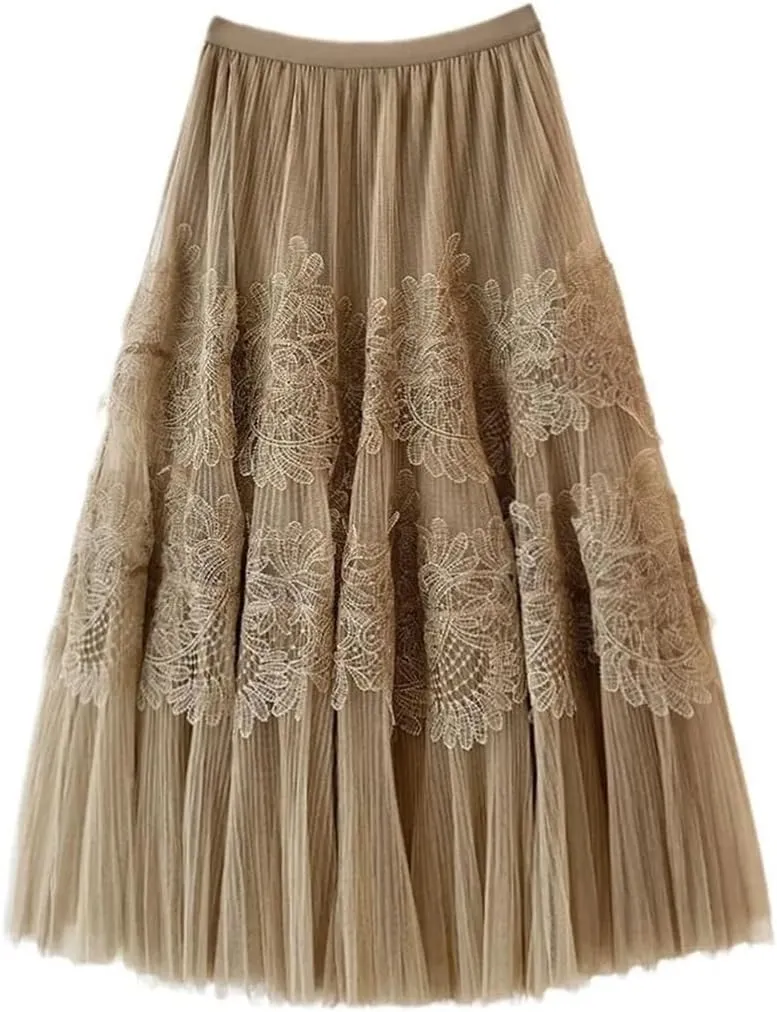 Vintage Embroidery Tulle Skirt Women Flower Elastic High Waist Pleated Midi A-Line Skirt