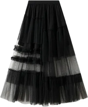 Vintage Women's Tulle Midi Skirt Casual Elastic High Waist Layered Pleate Mesh A-Line Skirts
